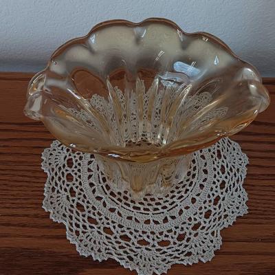Handblown Waterfall / Tulip Vase, Amber Yellow Art Glass with Doiley