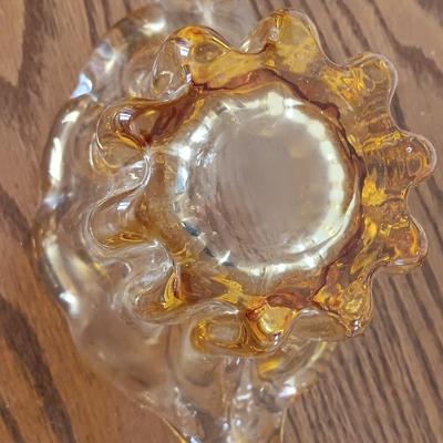 Handblown Waterfall / Tulip Vase, Amber Yellow Art Glass with Doiley
