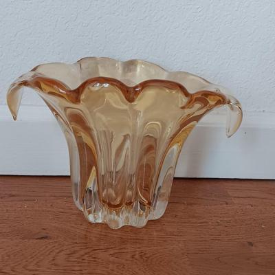 Handblown Waterfall / Tulip Vase, Amber Yellow Art Glass with Doiley