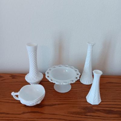 Assortment of beautiful milk glass dishware and vases