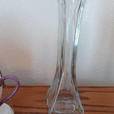 Matching butterfly cup & Saucer set with display base and a glass vase.