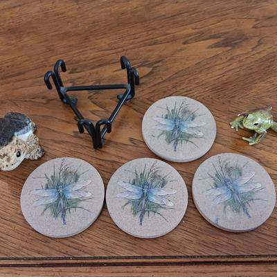 Two frogs and a set of four stone Thirsty stone dragonfly coasters