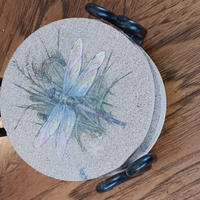 Two frogs and a set of four stone Thirsty stone dragonfly coasters