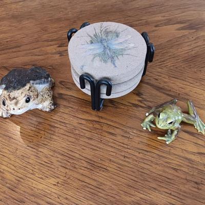 Two frogs and a set of four stone Thirsty stone dragonfly coasters