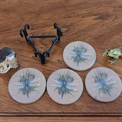 Two frogs and a set of four stone Thirsty stone dragonfly coasters