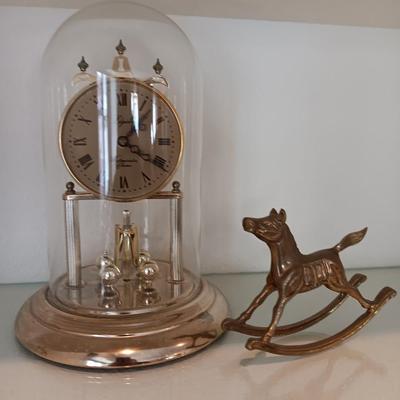 Brass rocking horse with Elgin Westminster Chime glass dome Anniversary clock