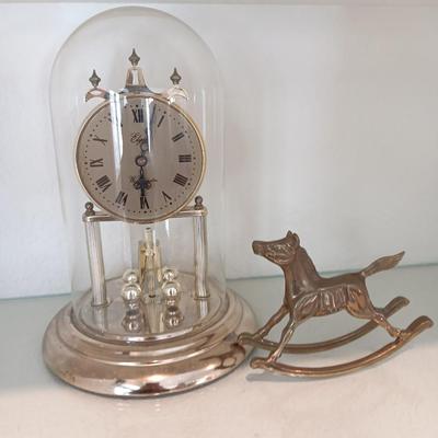 Brass rocking horse with Elgin Westminster Chime glass dome Anniversary clock