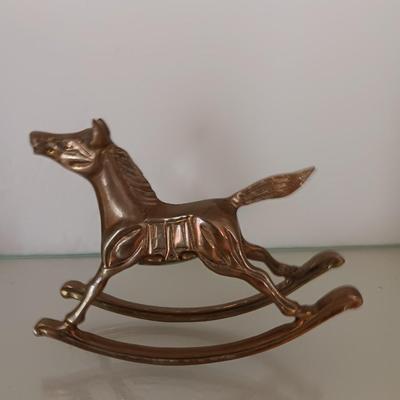 Brass rocking horse with Elgin Westminster Chime glass dome Anniversary clock