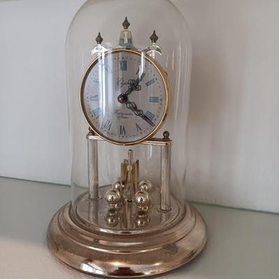 Brass rocking horse with Elgin Westminster Chime glass dome Anniversary clock