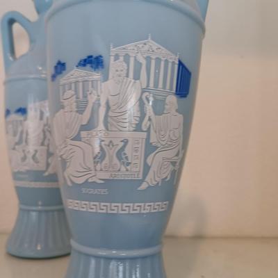 Two vintage 1961 Blue Grecian Urn Plato Socrates Aristotle Jim Beam Decanter Bottles