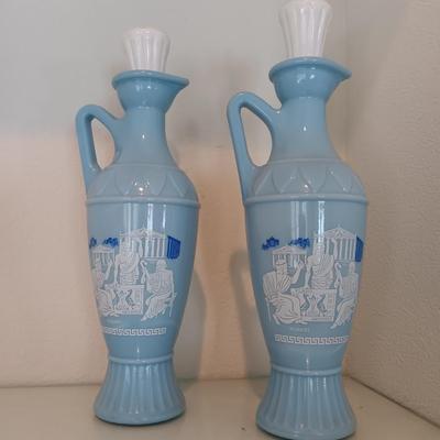 Two vintage 1961 Blue Grecian Urn Plato Socrates Aristotle Jim Beam Decanter Bottles