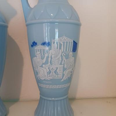 Two vintage 1961 Blue Grecian Urn Plato Socrates Aristotle Jim Beam Decanter Bottles