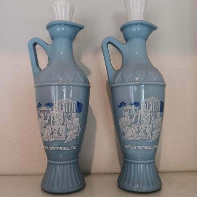 Two vintage 1961 Blue Grecian Urn Plato Socrates Aristotle Jim Beam Decanter Bottles