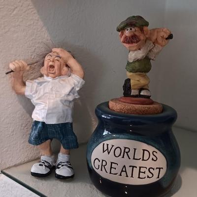 Two collectible Golfing figures - old man golfing and Worlds Greatest pottery with corked top golfer