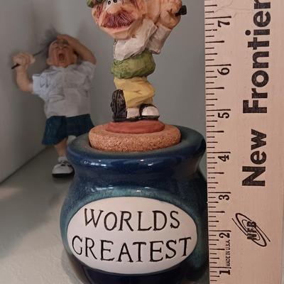 Two collectible Golfing figures - old man golfing and Worlds Greatest pottery with corked top golfer