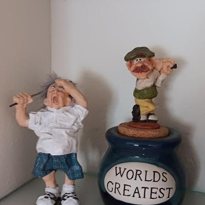 Two collectible Golfing figures - old man golfing and Worlds Greatest pottery with corked top golfer