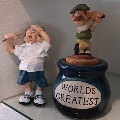 Two collectible Golfing figures - old man golfing and Worlds Greatest pottery with corked top golfer