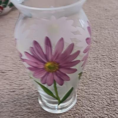Metal framed display with glass prism and friendship ball and a hand painted floral vase