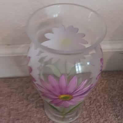 Metal framed display with glass prism and friendship ball and a hand painted floral vase