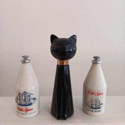 Two vintage old spice aftershave and a vintage ebony black cat Tabatha Imperial Garden cologne spray bottle