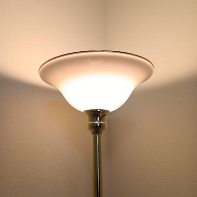 Brass Floor lamp with white and gold globe - takes a regular lightbulb.