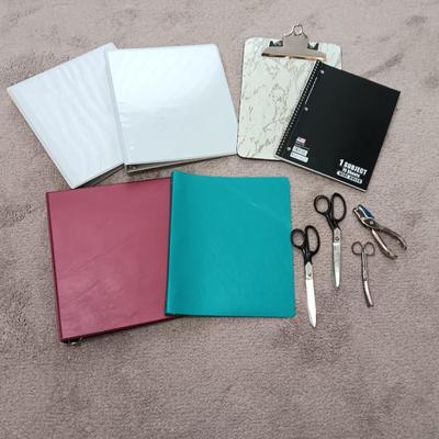 Office or school supplies - Binders - clip board - scissors - notebook - hole punch