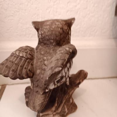 Framed owl art with two ceramic owls