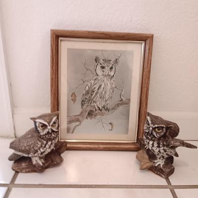Framed owl art with two ceramic owls