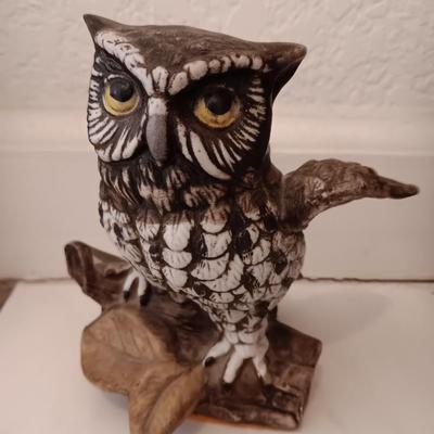 Framed owl art with two ceramic owls