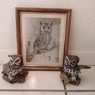 Framed owl art with two ceramic owls