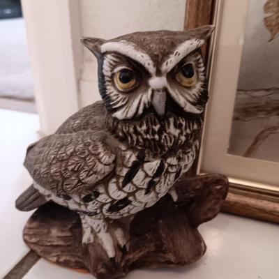 Framed owl art with two ceramic owls
