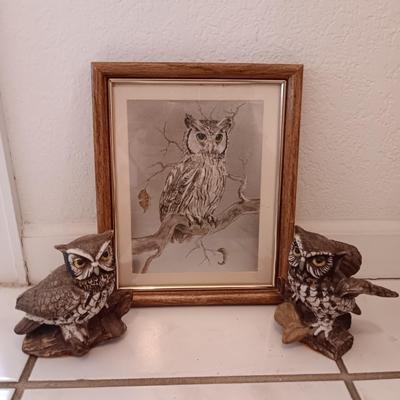Framed owl art with two ceramic owls