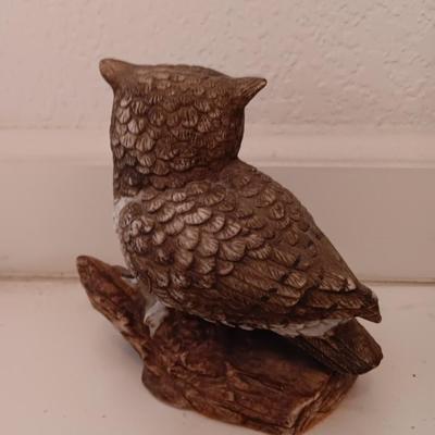Framed owl art with two ceramic owls