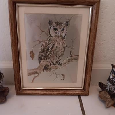 Framed owl art with two ceramic owls