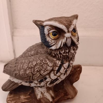Framed owl art with two ceramic owls