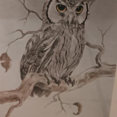 Framed owl art with two ceramic owls