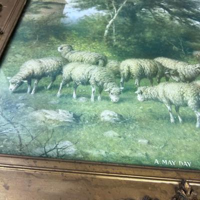 Antique Print, MAY DAY Framed under glass, Sheep in a Field , by Atkinson Fox 