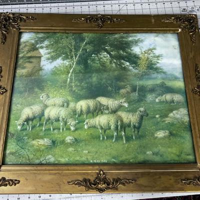 Antique Print, MAY DAY Framed under glass, Sheep in a Field , by Atkinson Fox 