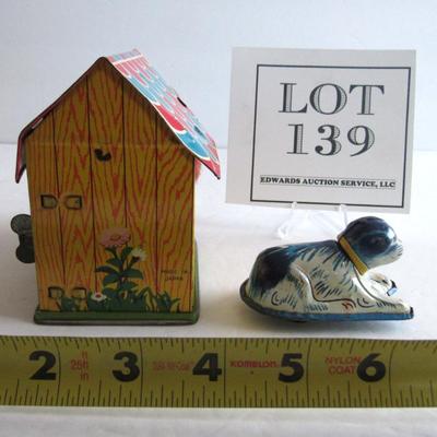 Vintage Tin Toy Wind Up Dog in Doghouse and Friction Tiny Dog