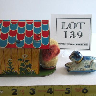Vintage Tin Toy Wind Up Dog in Doghouse and Friction Tiny Dog