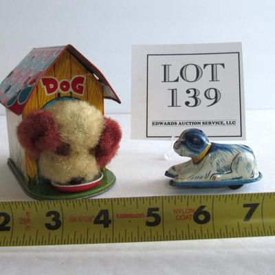 Vintage Tin Toy Wind Up Dog in Doghouse and Friction Tiny Dog