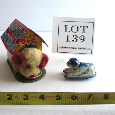 Vintage Tin Toy Wind Up Dog in Doghouse and Friction Tiny Dog
