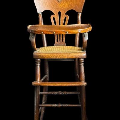 Antique Childrenâ€™s High Chair/Cane Seat with Bent Wood Arms/Lockin Wooden Tray