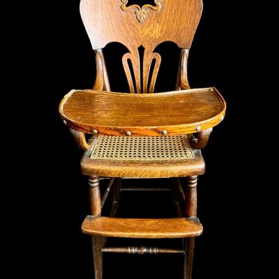 Antique Childrenâ€™s High Chair/Cane Seat with Bent Wood Arms/Lockin Wooden Tray