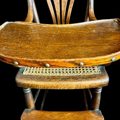 Antique Childrenâ€™s High Chair/Cane Seat with Bent Wood Arms/Lockin Wooden Tray