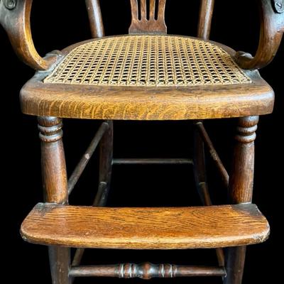 Antique Childrenâ€™s High Chair/Cane Seat with Bent Wood Arms/Lockin Wooden Tray