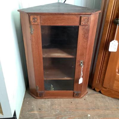 604 Vintage Glass Front Mahogany Corner Wall Cabinet