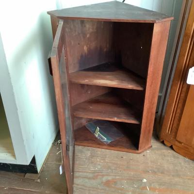 604 Vintage Glass Front Mahogany Corner Wall Cabinet