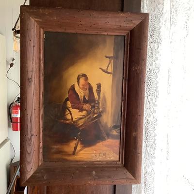 608 Antique Oil in Tile Painting-Women Spinning