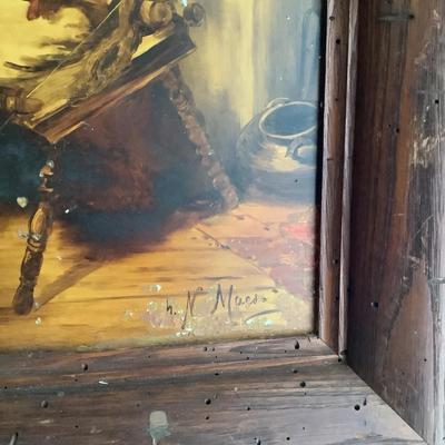 608 Antique Oil in Tile Painting-Women Spinning
